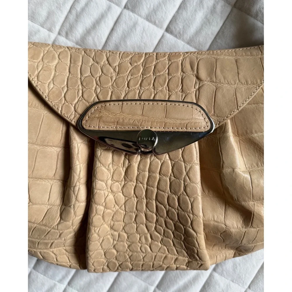 Y2K VTG Furla Crocodile Embossed Leather Hobo Pale Yellow Handbag Coquette Cute - Picture 2 of 7